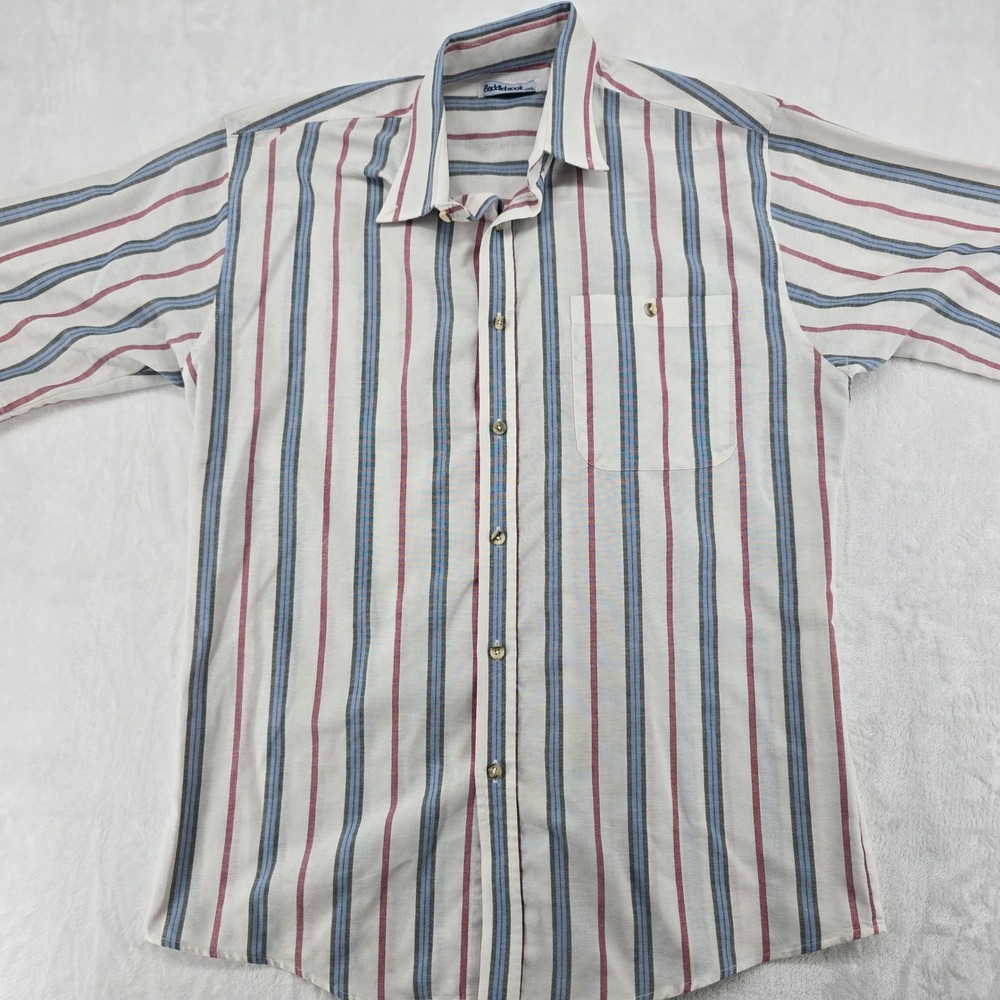 Saddlebrook Button Down‎ Mens Size L Shirt White Blue Red Striped Short Sleeve